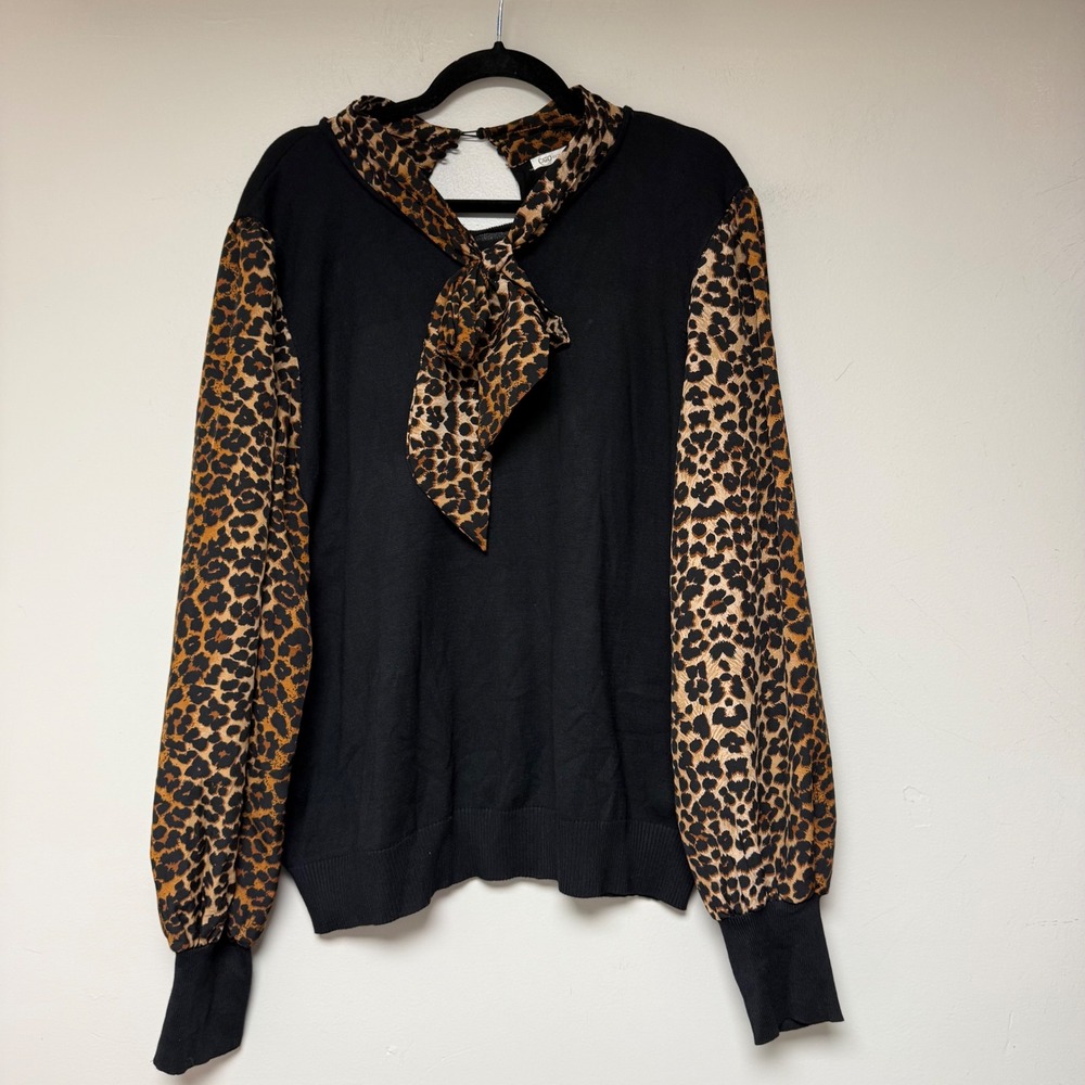Cato‎ Women's Plus Size Black Leopard Print Sleeve Tie Neck Sweater Top 22/24
